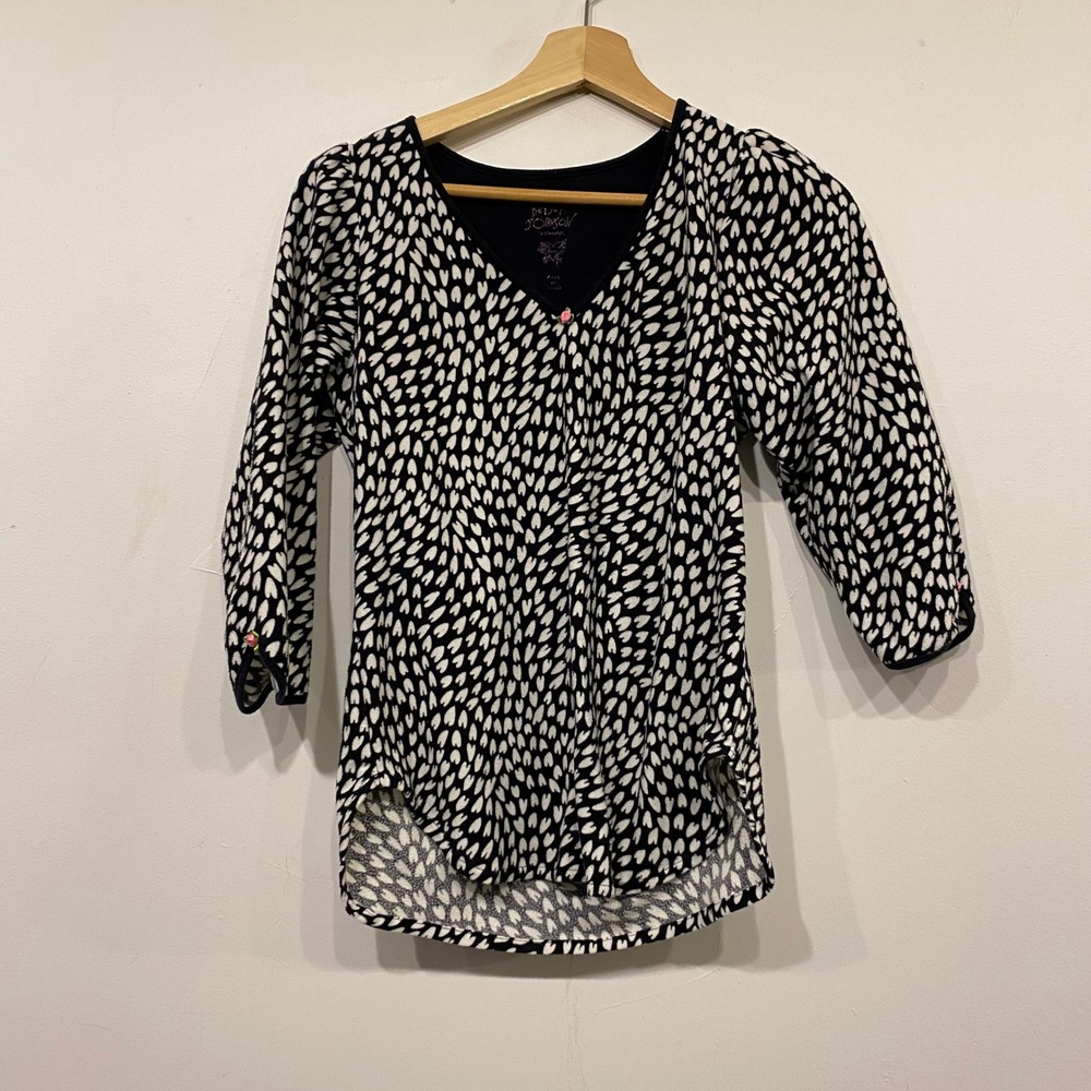 Betsey Johnson Intimates Pajama Set Black White Heart Print V-Neck Top Pants S